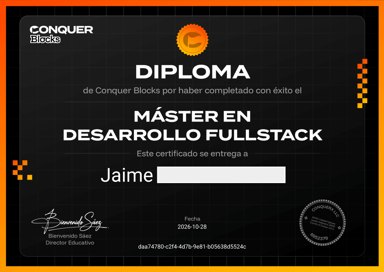 Diploma del Máster en Desarrollo Full Stack de Conquer Blocks