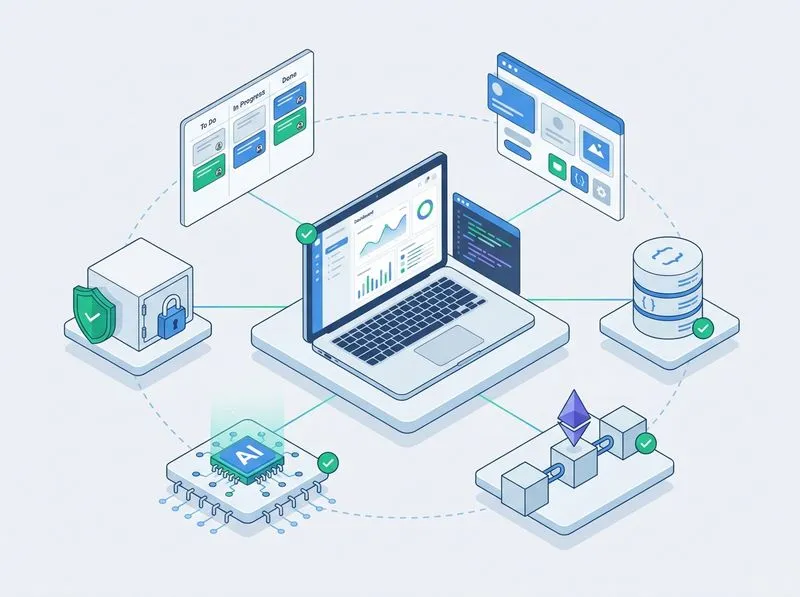 Ilustración de desarrollo web, Inteligencia Artificial y Blockchain